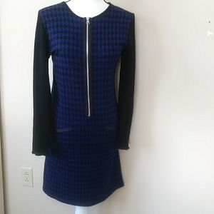 Lennie for Nina Leonard Houndstooth Sweater Dress MEDIUM Blue Black